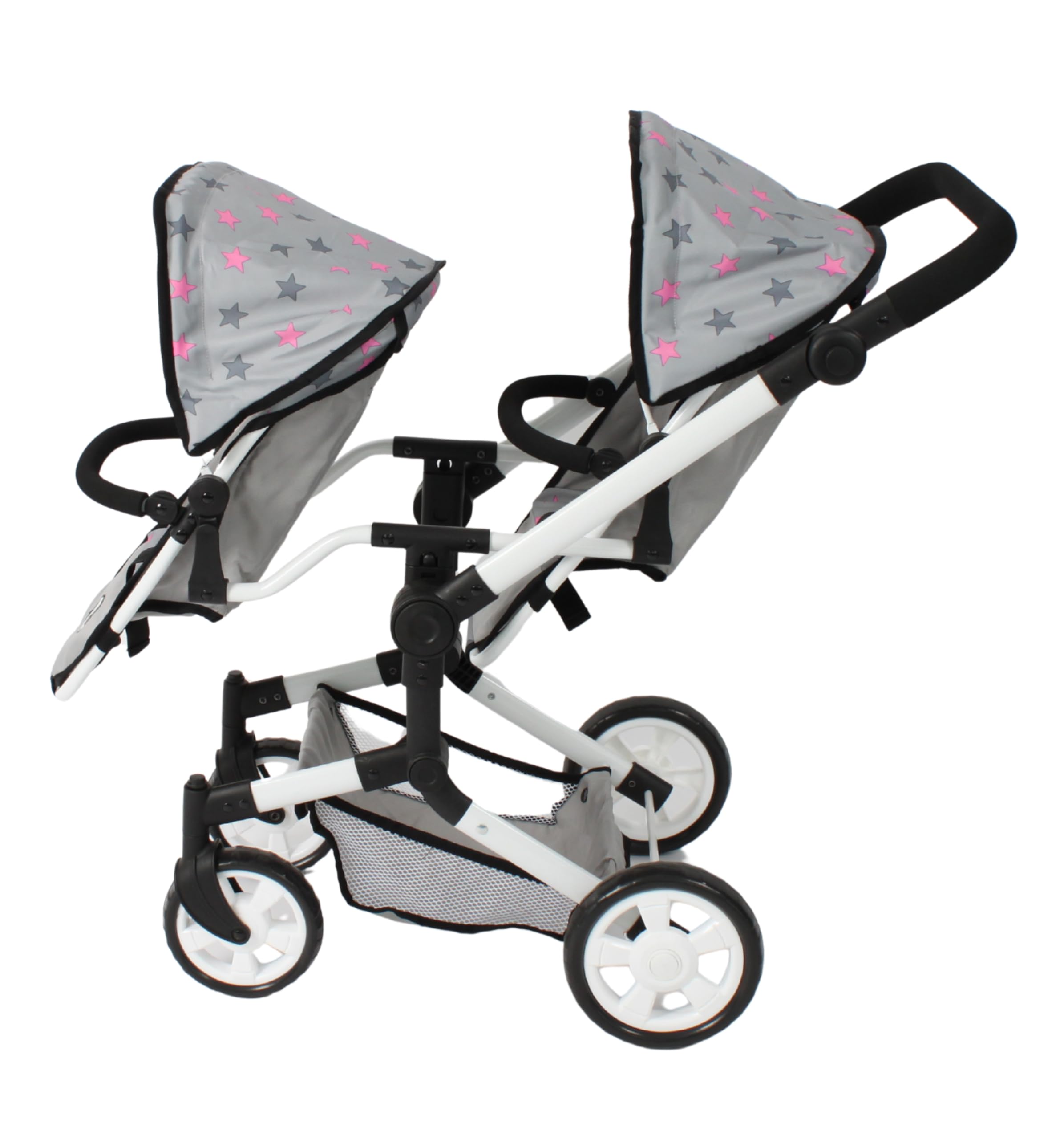 Bayer Chic 2000® Wózek dla lalek Linus Duo – gwiazdka szara – składany wózek dla lalek bliźniaczych – regulowany uchwyt 50-82 cm – lalki do 50 cm – 4-8 J.