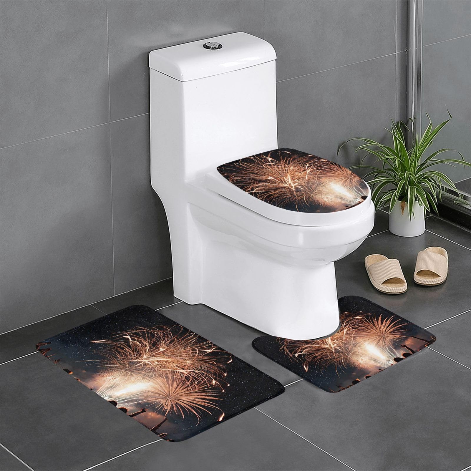 Tapis de salle de bain antidérapants lot de 3 avec contour WC motif feux d'artifice