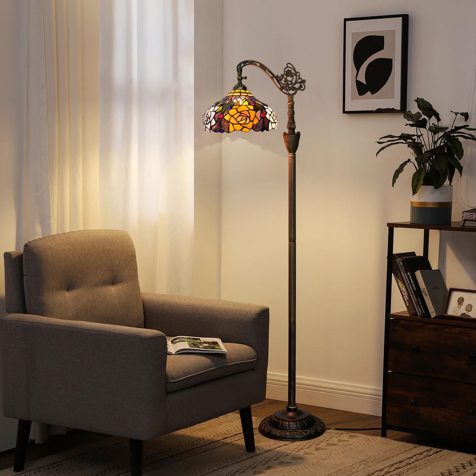 Lampa podłogowa Tiffany Vintage Stojąca lampa w stylu różanych kwiatów Witrażowa lampa podłogowa Rustykalna lampa podłogowa z regulowanym kątem nachylenia do dekoracji wnętrz Salon Sypialnia