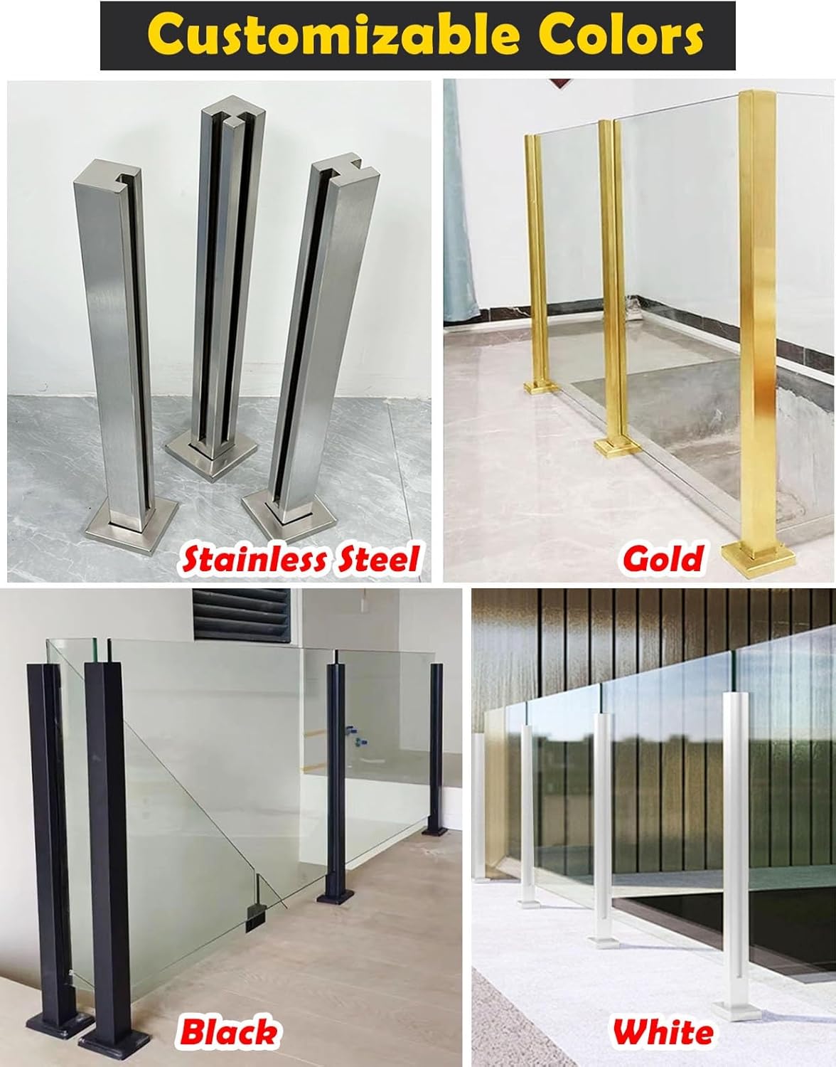 Brushed 304 Stainless Steel Glass Railing Post, 32" No-Punch Clamp for 3/8"-1/2" Glass with Rubber Gasket, 2"x2" Indoor/Outdoor Balustrade - Sapphire Finish