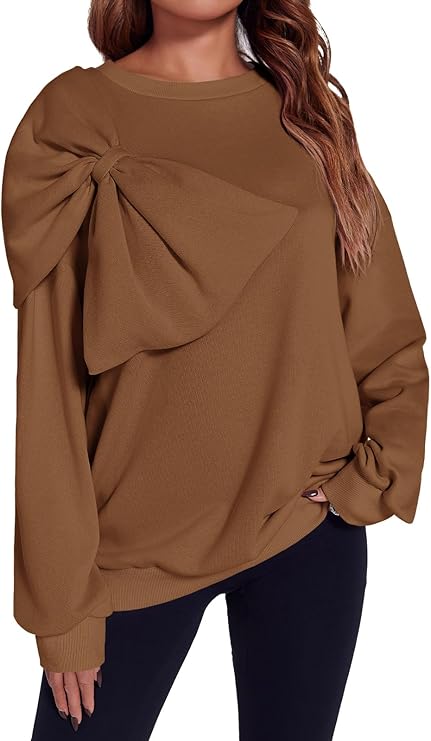 Fisoew Womens Oversized Sweatshirt Bow Tie Long Sleeve Crewneck Casual Fall Pullover Tops