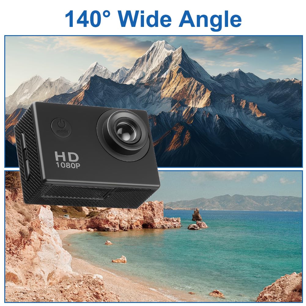 Aolso Caméra Sport 1080P FHD, Etanche 30M Caméra d'action Grand Angle, Action Cam 30FPS avec Écran LCD de 2 Pouces, 140° Camérasous, Incluse Carte SD 32GB et Rechargeables Batteries 900mAh