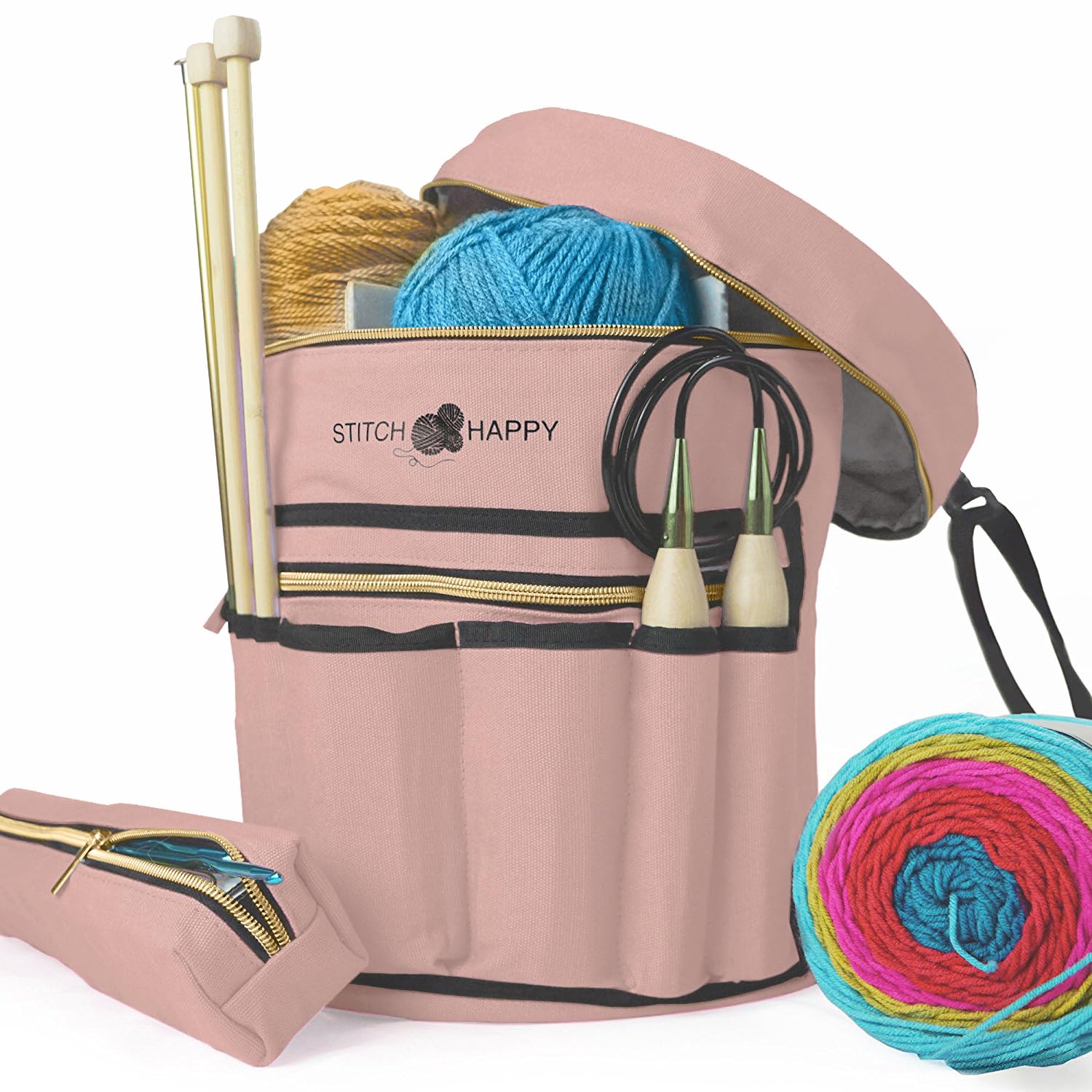 Stitch Happy Knitting Bag (Tan): 7 Pocket Yarn Bag, Crochet Bag for Yarn Storage or Crochet Storage
