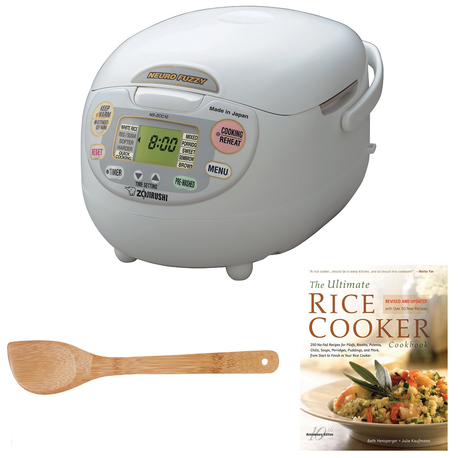 Zojirushi NS-ZCC10 Neuro Fuzzy Rice Cooker & Warmer (1.0 Liter) Bundle with Wooden Tool Set and Cookbook