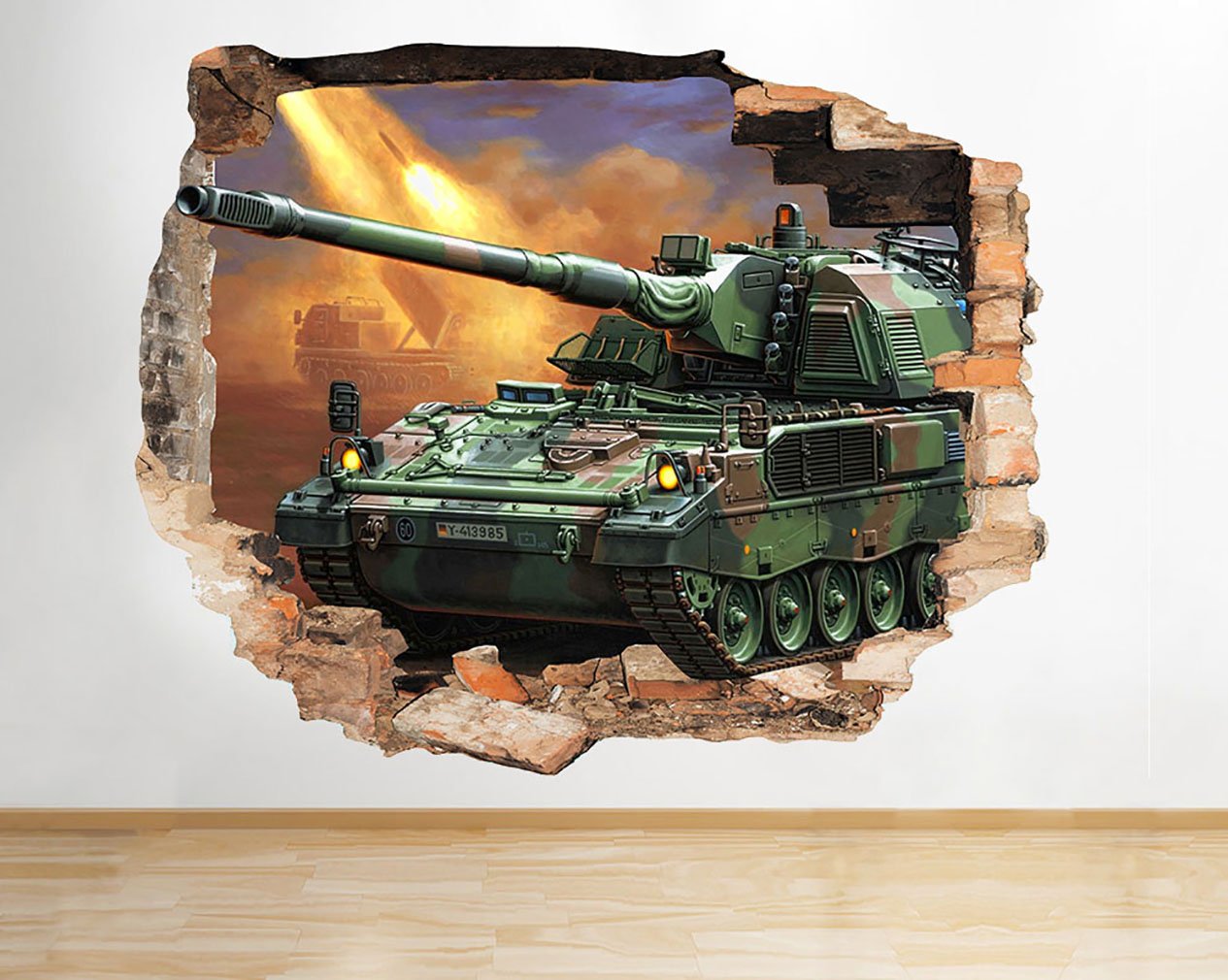 F696 Army Camouflage Tank Cool Smashed Wall Decal 3D Art Stickers Vinyl RoomKids Bedroom Baby Nursery Cool Livingroom Hall Boys Girls