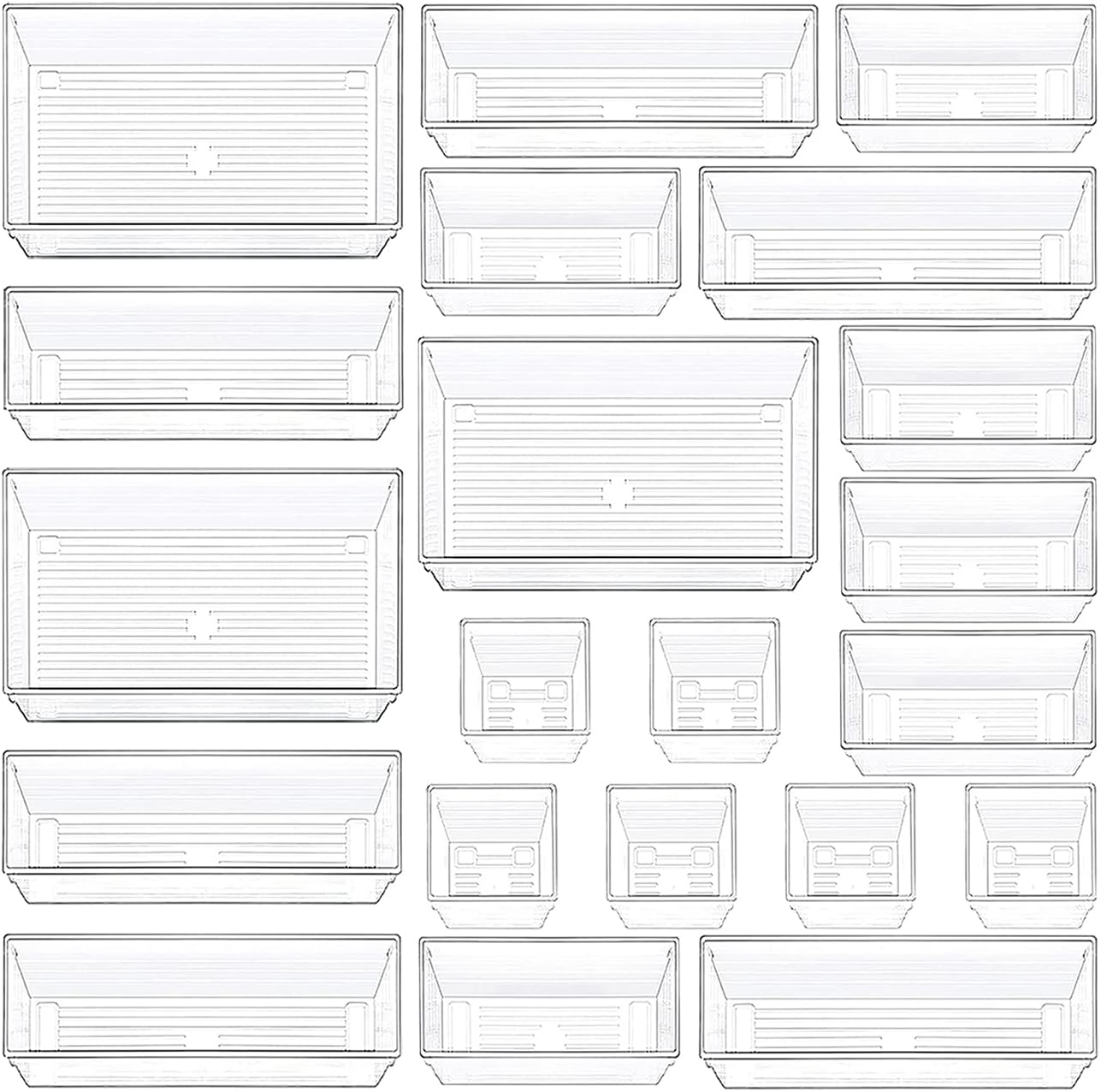DCA 21 PCS Drawer Organisers Set, 4-Size Clear Plastic Drawer Organizer Bins Containers for Bathroom and Vanity Storage, Home Organization for Makeup, Kitchen Utensils