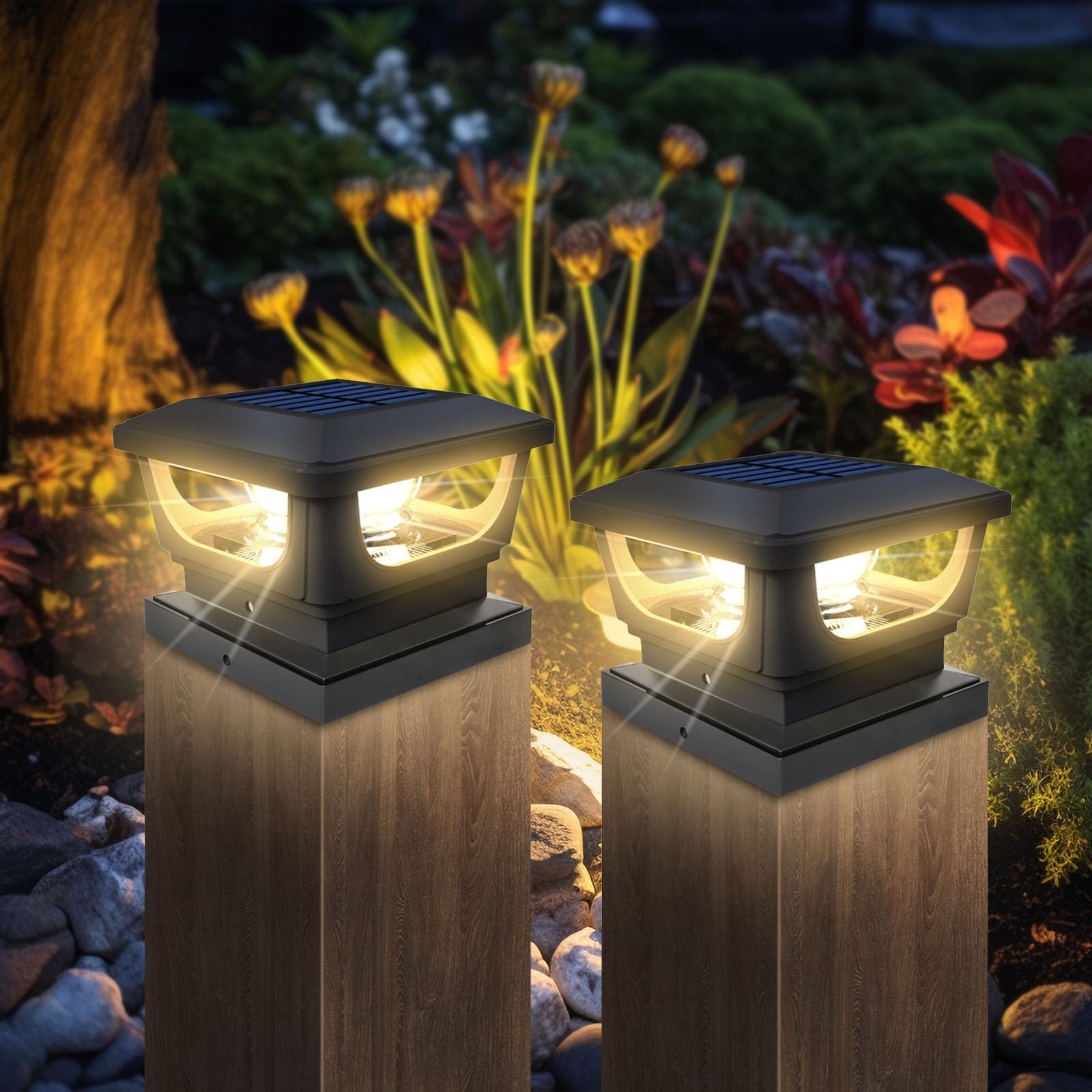 Luci solari a energia solare, 3 x 3, 10,2 x 10,2 cm, IP65, impermeabili, per paesaggio, recinzioni, recinzioni, pali in legno, 2 pezzi