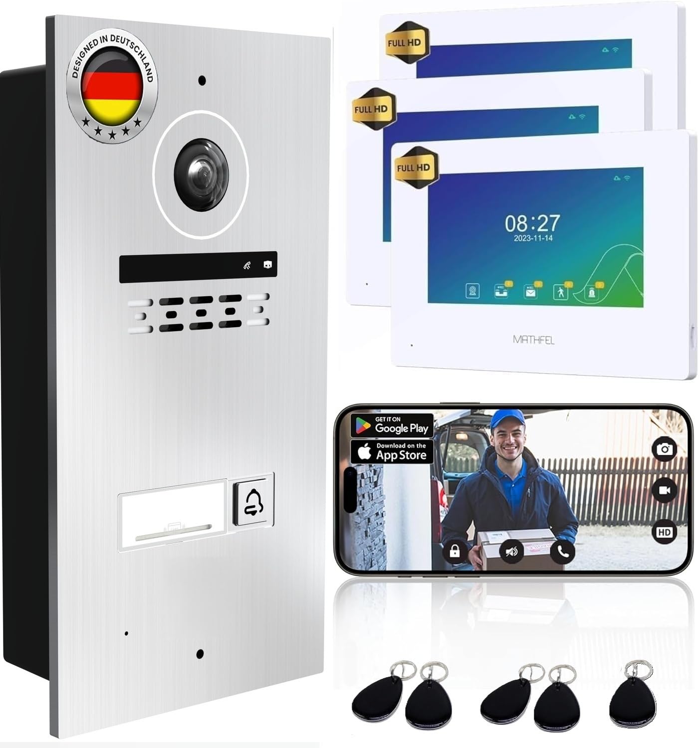 Mathfel 1 Familienhaus 2 Draht Bus WLAN Video-Türsprechanlage, 3x7 Zoll Monitor mit Full HD 2 Megapixel 170 Grad Weitwinkelkamera -Außenstation in Silber mit RFID