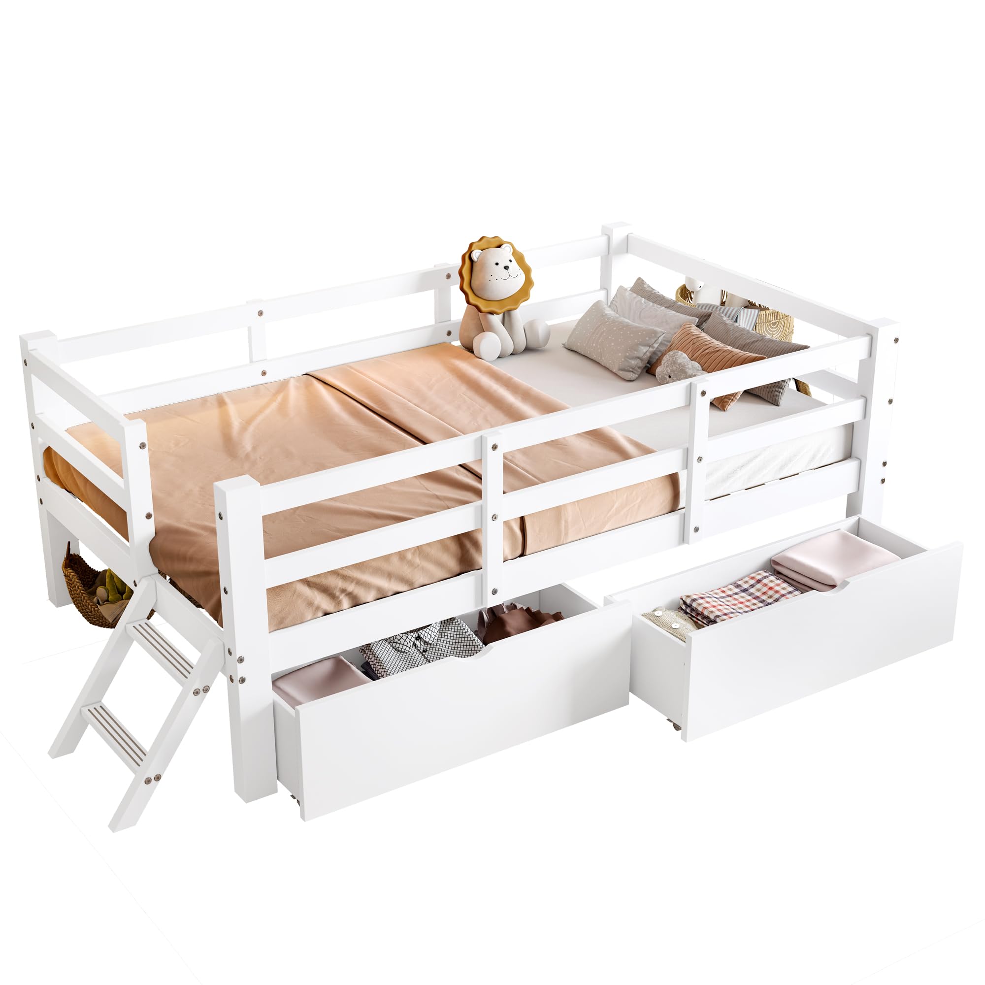 Łóżko platformowe 90 x 200 cm z poręczą ochronną i 2 szufladami, białe, MDF i sosna, dla dzieci