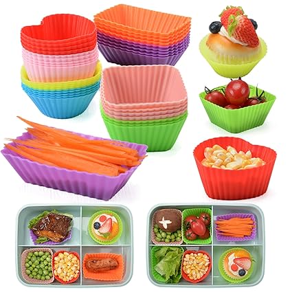 Vinino 40Pcs Silicone Lunch Box Dividers for Kids, BPA Free Silicone Cups for Lunch Box, Reusable Non-stick Cupcake Liners for Baking, Colorful and Cute Shape Soft Bento Box Dividers Dishwasher Safe