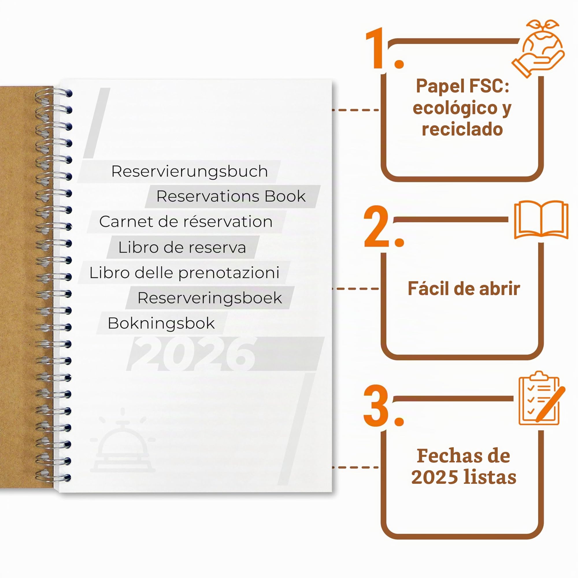 Libro de reservas 2026 A4 para gastronomía y hotel, restaurante, pensiones, apartamento, plan de ocupación y calendario de reservas