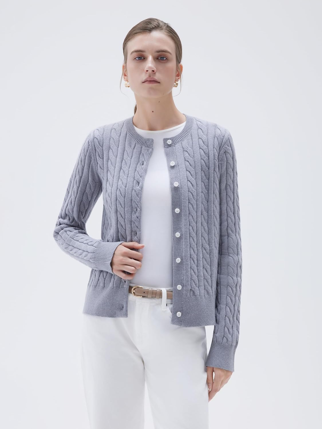 SUUKSESS Women Cable Knit Cashmere Blend Sweaters Crew Neck Button Up Chunky Cardigan Long Sleeve Fall Outfits - Image 3