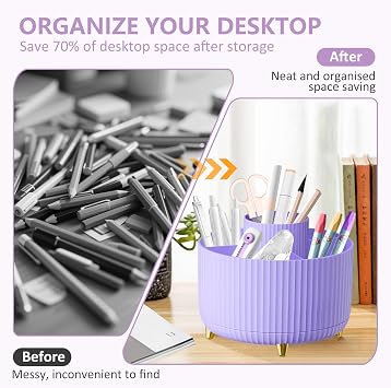 Desk Organiser, 360°Rotating Pen Holder Pen Pot, Makeup Brush Holder with 5 Compartments, Desktop Storage Stationery Supplies Organizer, Pencil Holders for Desk Tidy Home Office School (Purple)