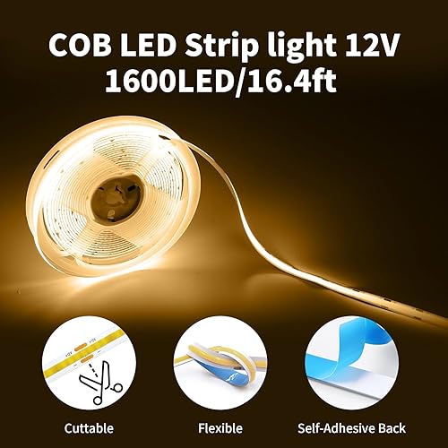 Miniatura 4 de Tira de luces LED COB de 12 V, blanco cálido, 3000 K, 16.5 pies16.4 ft, CRI 93+ luces LED COB, 320 LEDM, tira de luces flexibles regulables para