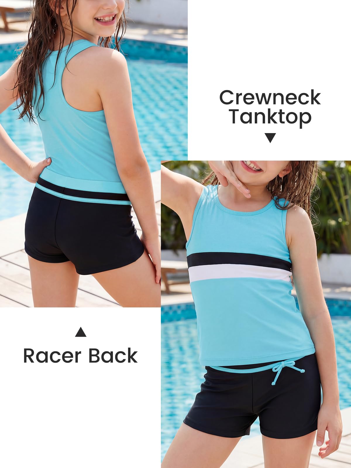 JiAmy Costume da bagno sportivo da bambina, 2 pezzi, con top senza maniche e pantaloncini da bagno, a righe a blocchi di colore, per bambini dai 5 ai 12 anni