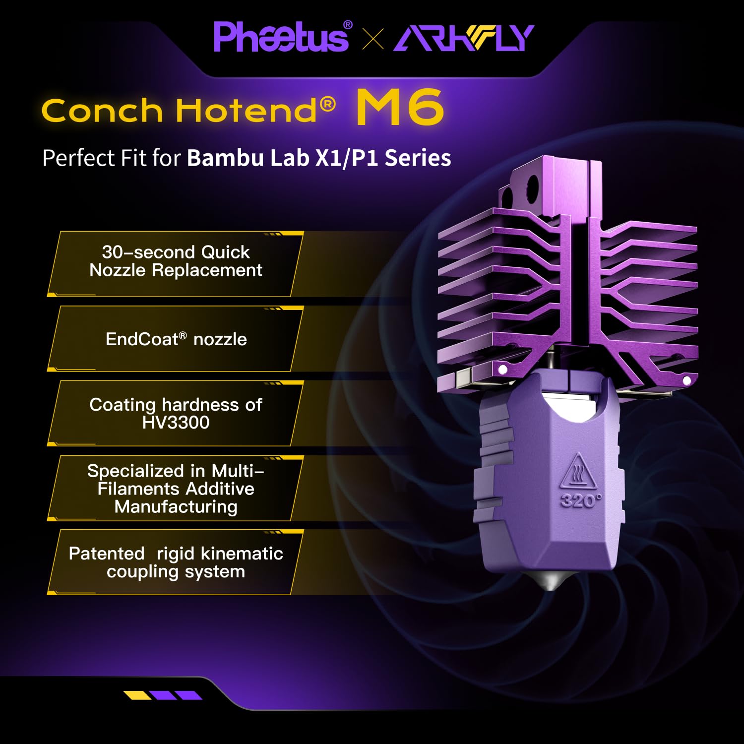 PhaetusxArkfly Conch Hotend™ M6-X1/P1 Series Stable High Efficient Super Wear-Resistant Excellent Filament Compatibility M6-X1/P1 Series (0.4mm)