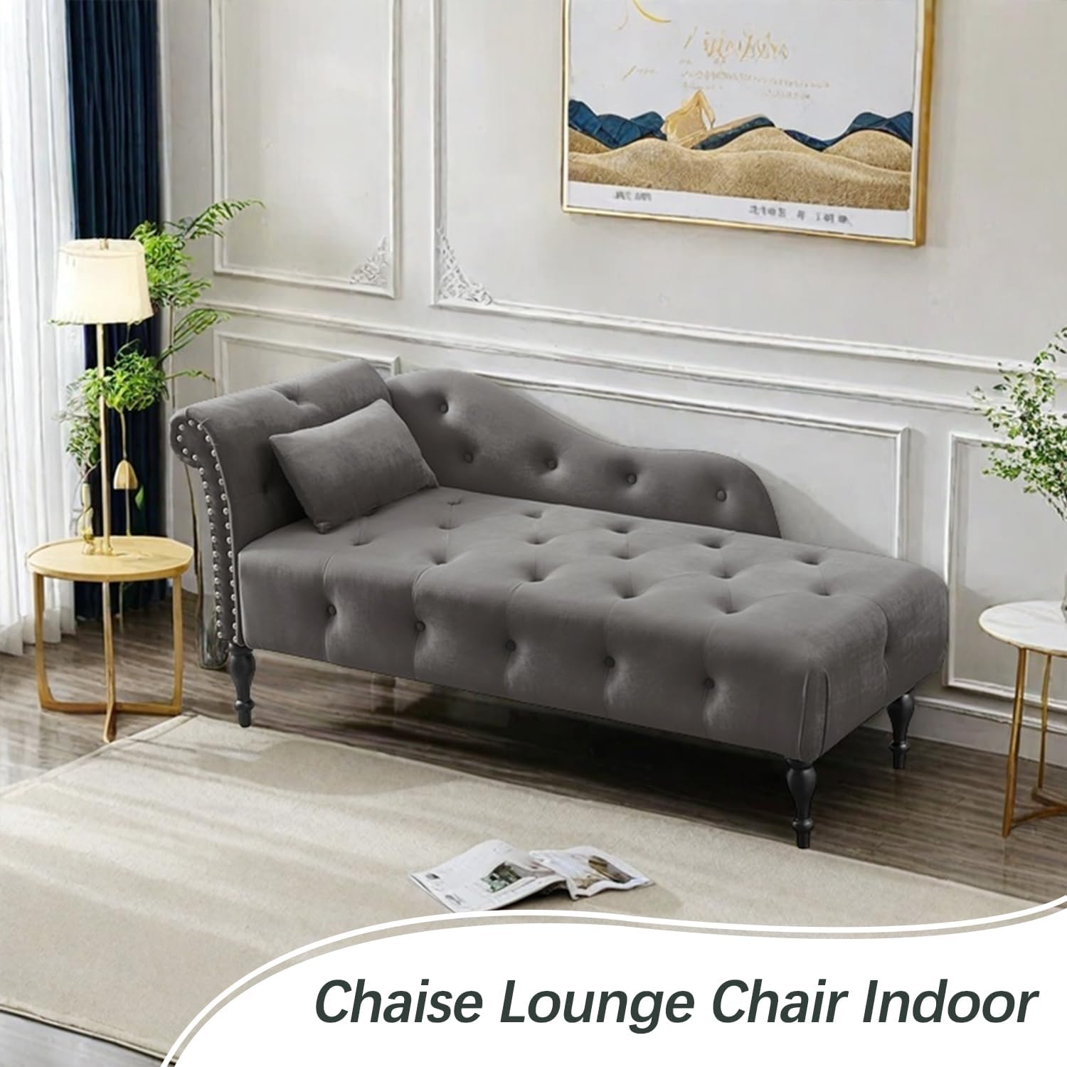 60" Modern Velvet Chaise Lounge Indoor, Upholstered Chair with Left Armrest and Lumbar Pillow, Button Tufted Lounge Sofa for Living Room Bedroom Office, Mini Chaise Longue Sofa (Grey)