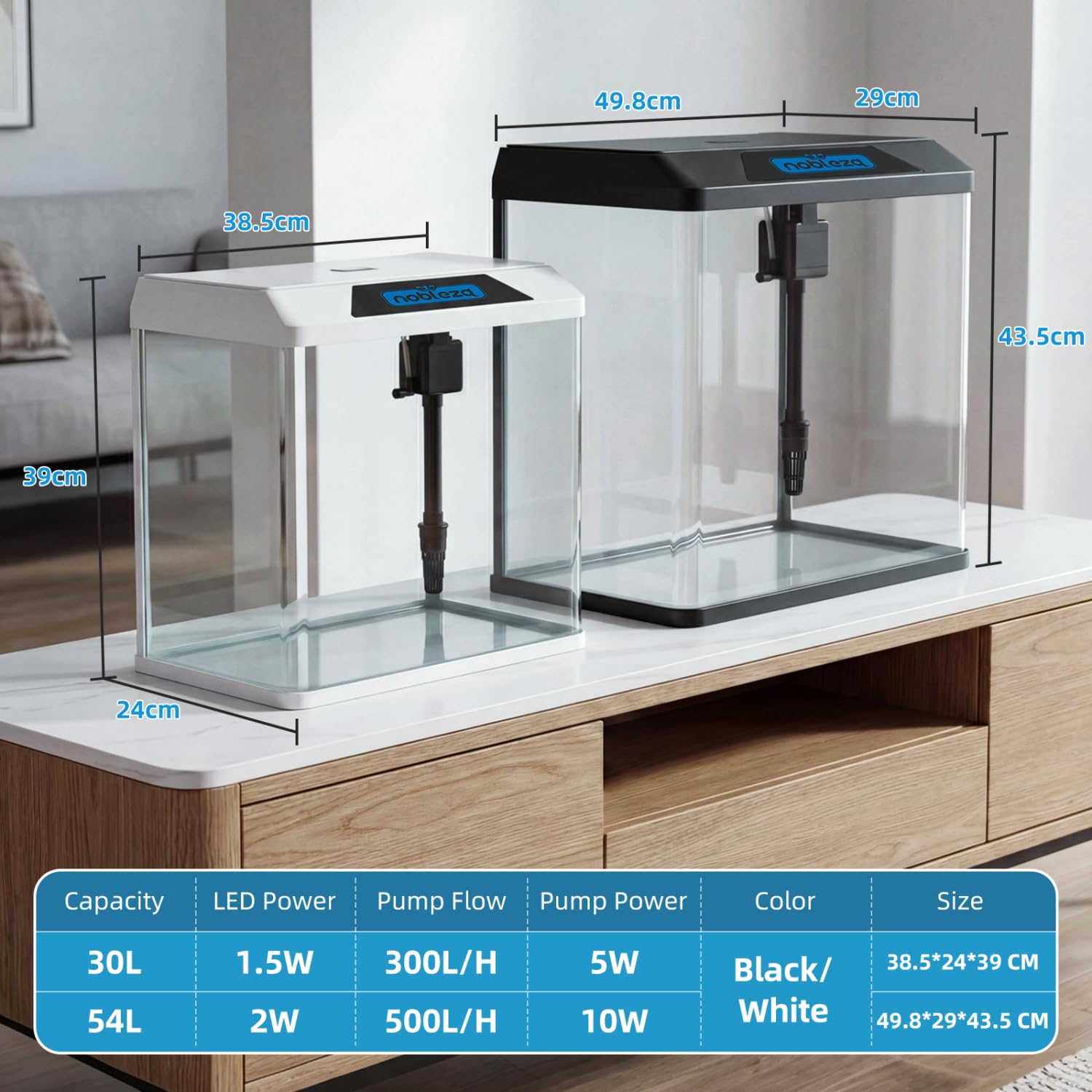 Nobleza - Acquario in Vetro 54L Kit Completo con Filtro e Luce LED Bianco