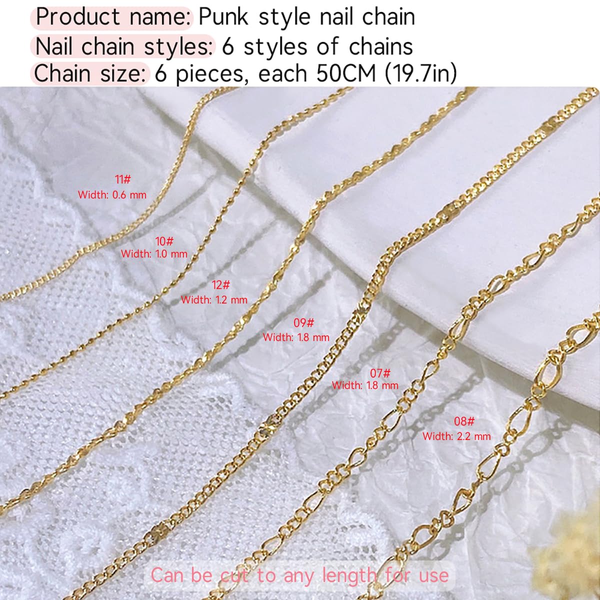 Nail Chain Charms, 6 Styles 3D Metal Nail Art Chain, Gold Nail Chain Decoration, Glitter Nail Art Design Chains Punk Nail Studs Jewelry Accessory Nails Supply for Women DIY Manicure Tips Decor