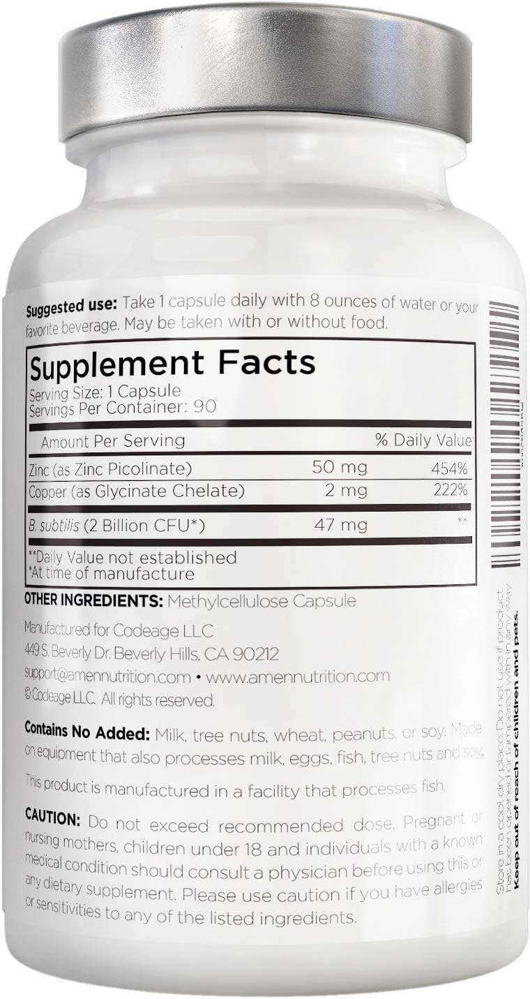 Amen Zinc & Copper Supplement + Probiotics, 3 Months Supply, One Per Day - 50 mg Zinc Picolinate Vitamin Pills - Essential Minerals Supplements – 2 Billion CFUs Probiotic – Vegan, Non-GMO, 90 Capsules : Health & Household