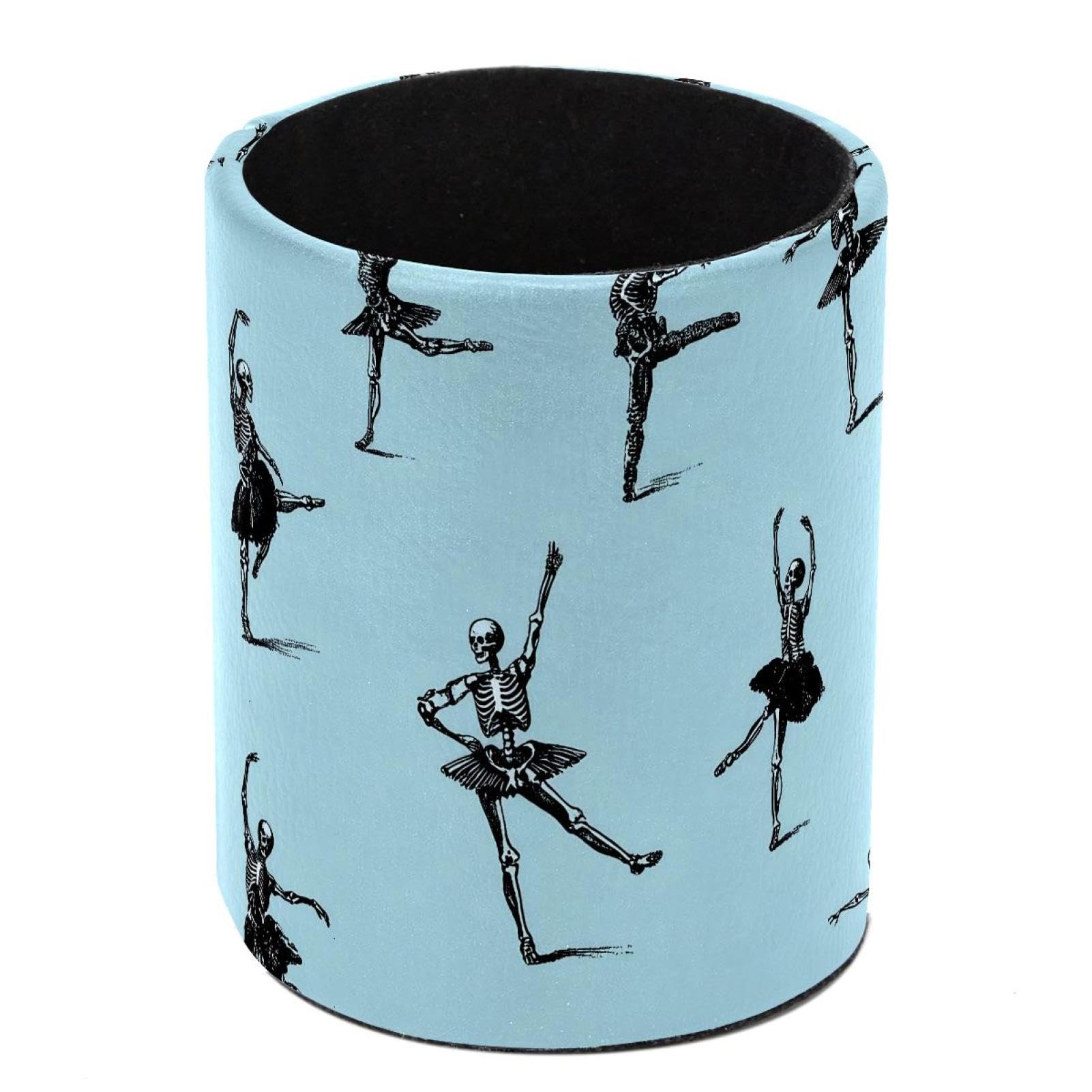 HEOEH Blue Ballet Dancing Skeleton Pen Holder for Desk, PU Leather Pencil Holder Pen Cup Marker Holder Makeup Brush Holders, Desk Accessories & Workspace Organizers for Home, Office