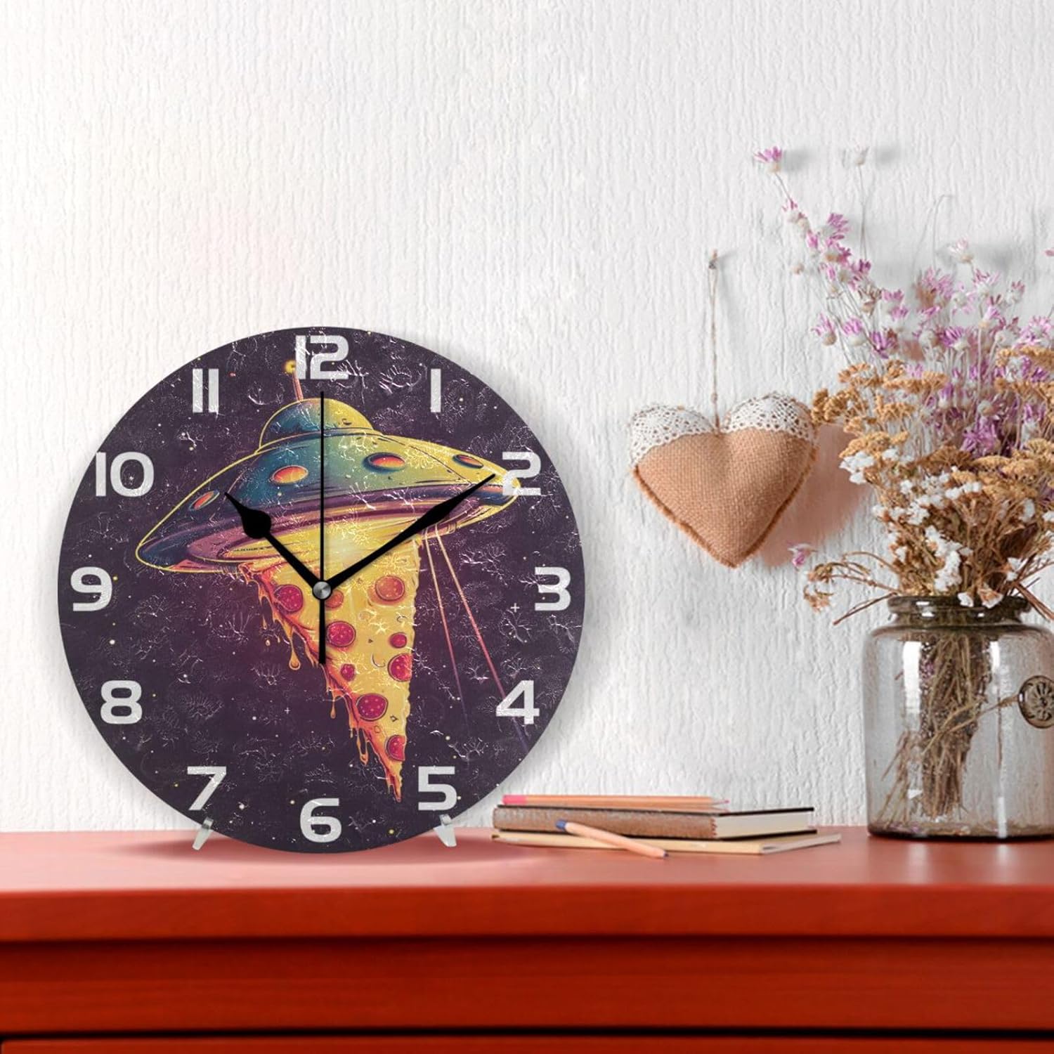 ALAZA Spaceships with Pizza Out Outer Space Wall Clock Non Ticking Decorative Desk Clock for Bedroom Kitchen Living Room School Office,Black