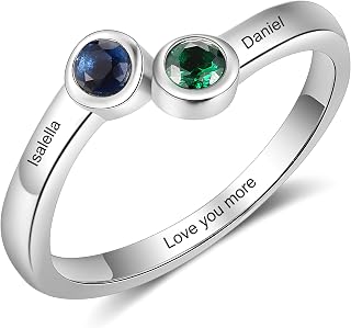Personalized Silver Birthstone Ring with 2 Engraved Names – Custom Dual Stone Family Jewelry for Women – Elegant Mother’s Ring with Two Gems – Unique Gift for Mom, Wife, Girlfriend