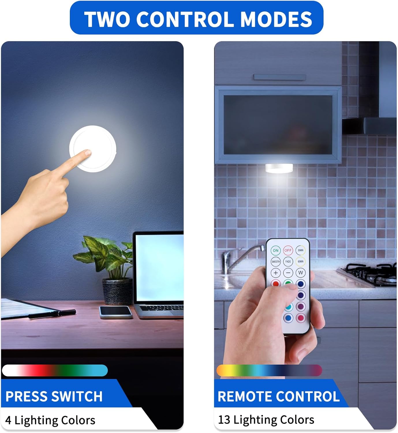 Remote Control LED Puck Lights, 4 Pack Rechargeable LED Under Counter Lights with Functional Remote Control, Wireless Under Kitchen Cabinet Lamp, Dimmable and Multi Colors Lighting
