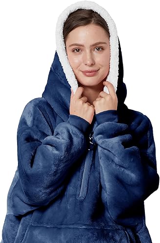 Miniatura 4 de Manta de franela de gran tamaño con capucha y forro polar Sherpa gigante con capucha, color azul marino, con mangas y bolsillo gigante