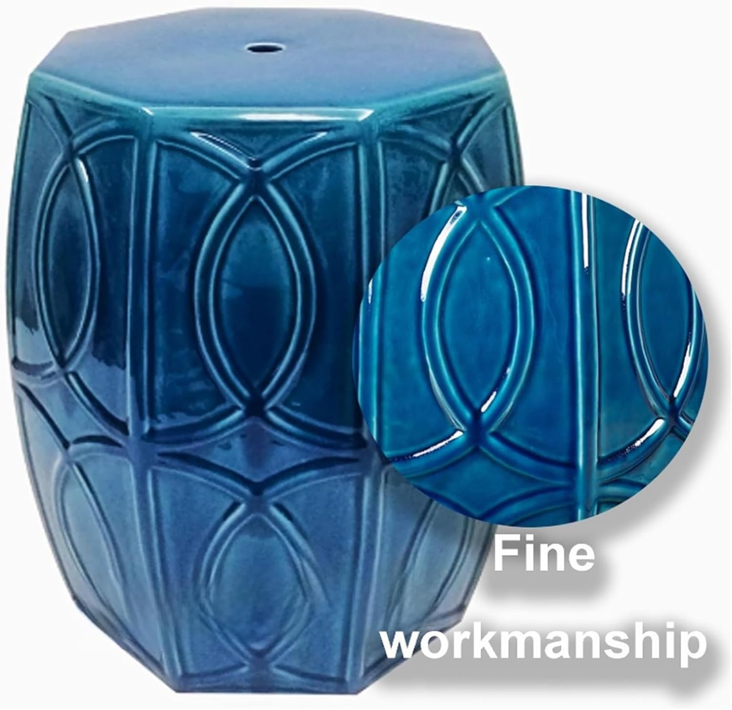 Ceramic Decorative Garden Stool, Chinese-Style Garden Stool, Glazed Octagonal Drum Stool, Multifunctional Decorative Garden Stools, Makeup Stool, Side Table(White)