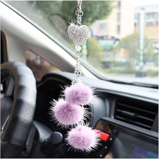 Ziciner Bling Diamond Heart Car Interior Accessories, Car Mirror Hanging Ornament for Women, Love Heart & Pink Plush Ball Decor Ornament Pendant (Light Purple)