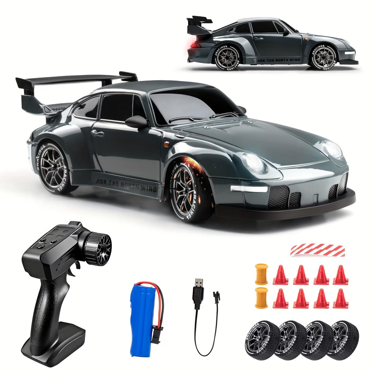 Drift RC Car 1:24 Scale – 4WD High-Speed Remote Control Racing Car with LED Flashing Lights, All-Terrain Dual Tires, USB Charging & Accessories for Ultimate Drifting Fun