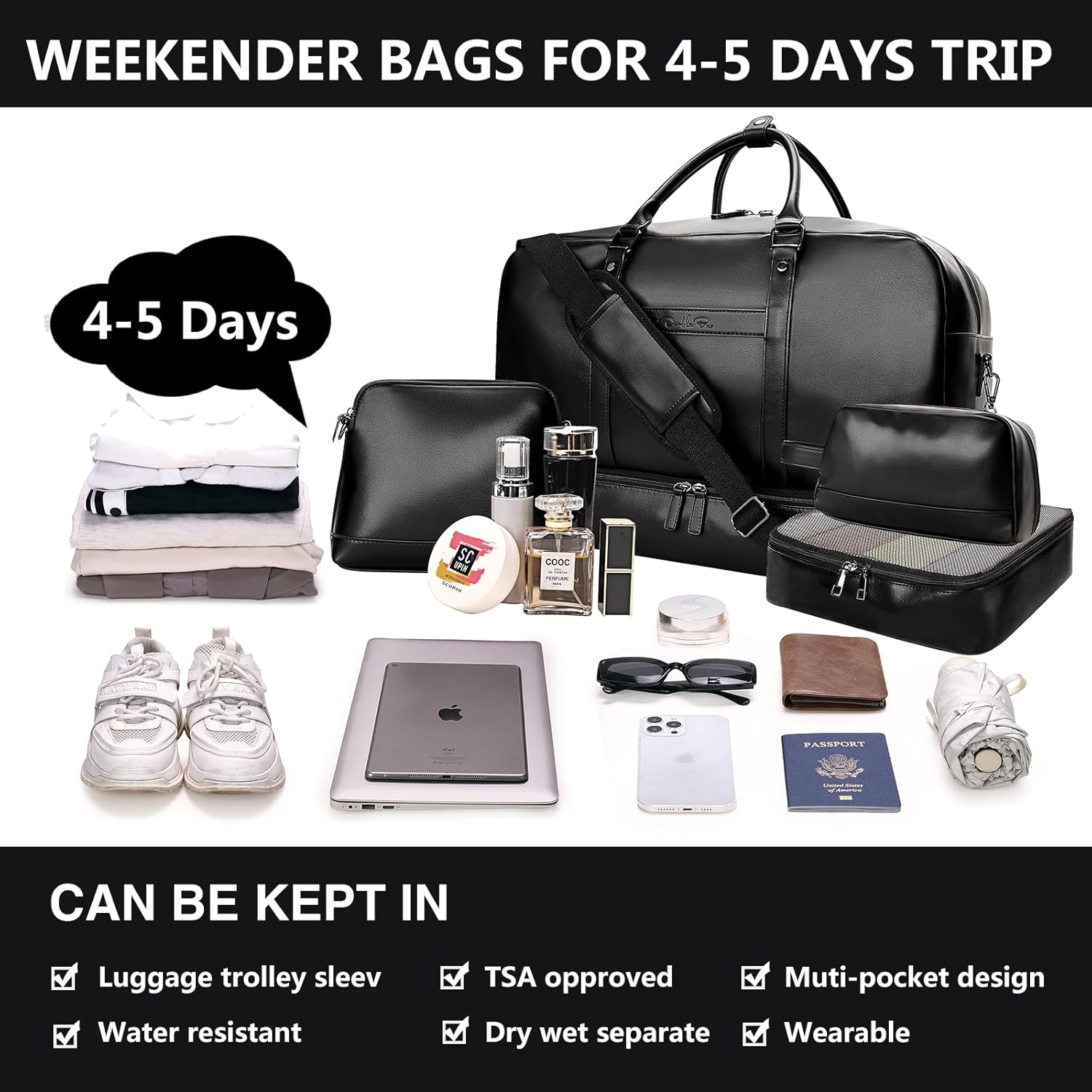 Weekender Bag for Women Men, Large Overnight Bag Faux Leather Travel Duffel Bag with Shoe Compartment Toiletry Packing Cube Carry On Bag Fit 21" Laptop 3Pcs Set (4PCS Black) - Image 7