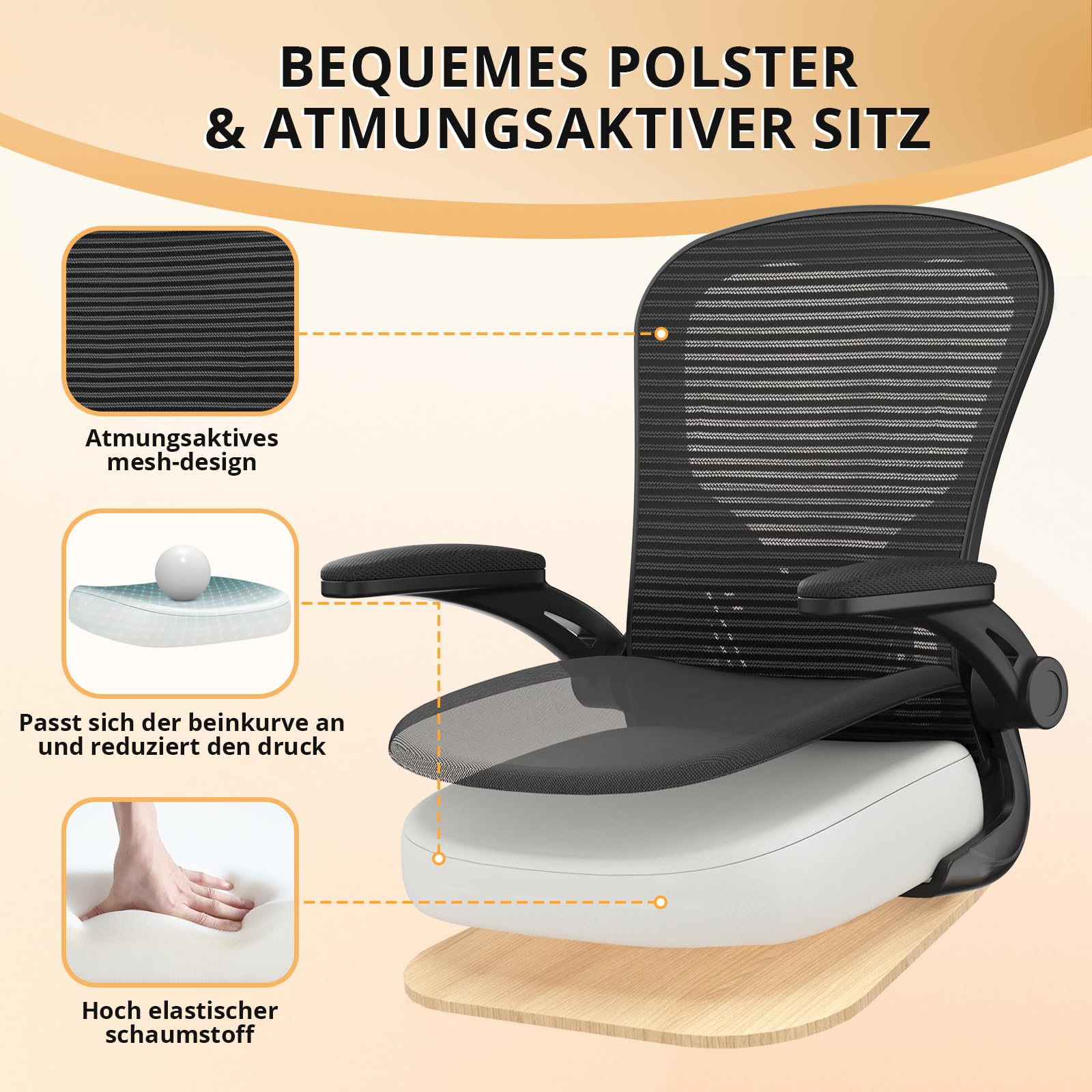 Synorla Bürostuhl Ergonomisch, Schreibtischstuhl mit Tragkraft 150 KG und 90° Hochklappbare Armlehnen, Ergonomischer Bürostuhl mit Höhenverstellbarer Sitzfläche und Verstellbarer Lordosenstütze
