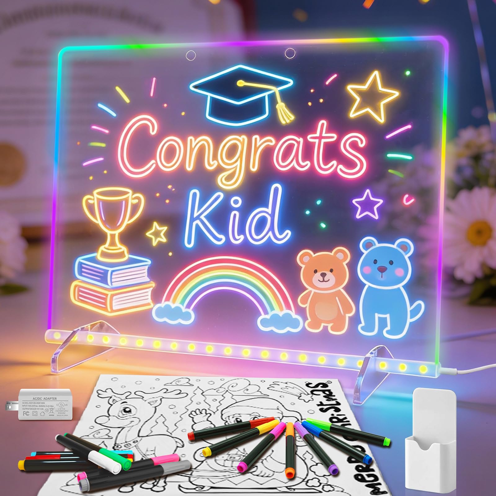 Led Drawing Board with 14 Highlighters,Led Note Board with Colors, 13.7"X10" 6 Modes &amp; 8 Colors,7 Markers&amp;Tracing Book,Light Up Drawing Boards for Home/Office/Decor for Kids Age 3+