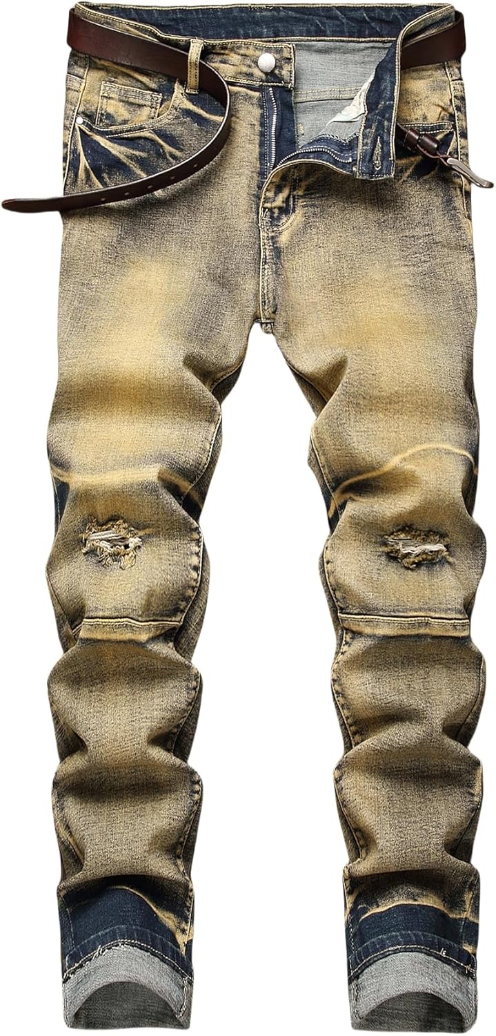 Men's Stretch Slim Fit Jeans Ripped Skinny Straight Leg Distressed Comfort Flex Waist Fashion Biker Denim Pants