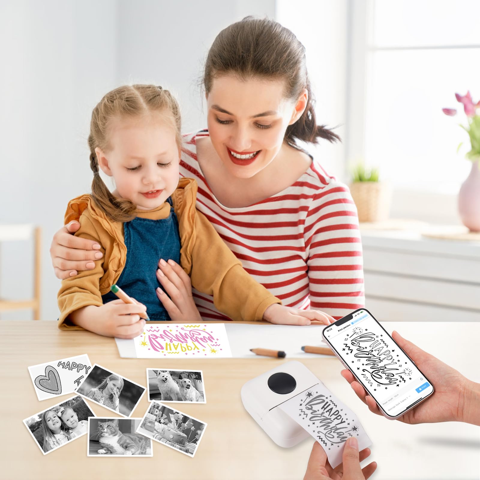 GuKKK Mini drukarka, mobilna drukarka fotograficzna, przenośna, bezprzewodowa drukarka termiczna, 13 rolek papieru do drukarki i 5 kredek, pomoc w nauce, notatek, notatek, listy