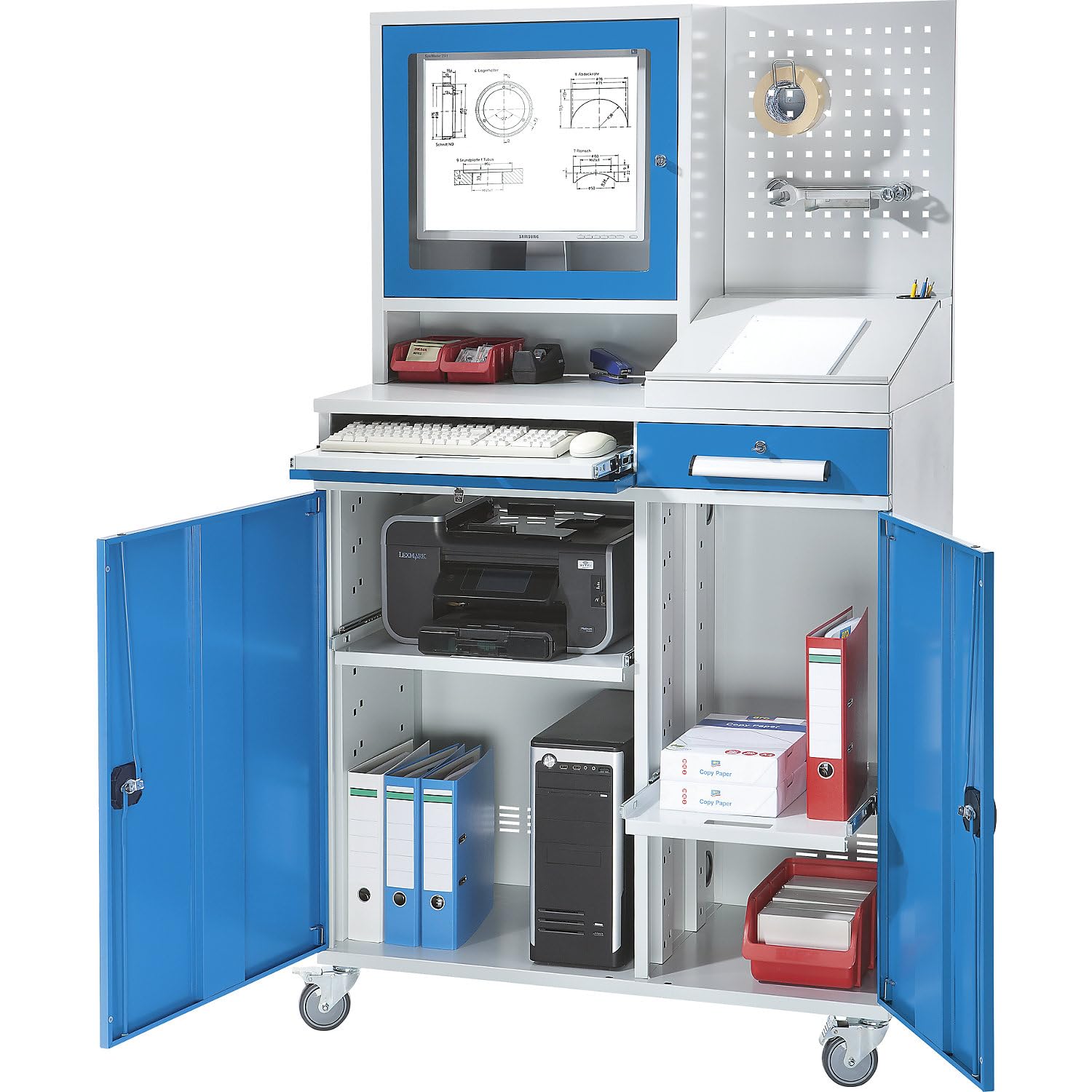 EUROKRAFT pro | Postazione di lavoro per computer | lamiera d'acciaio | alt x largh 1770 x 1100 mm | con vano schermo | pannello forato | scrivimpiedi | colore anta blu chiaro