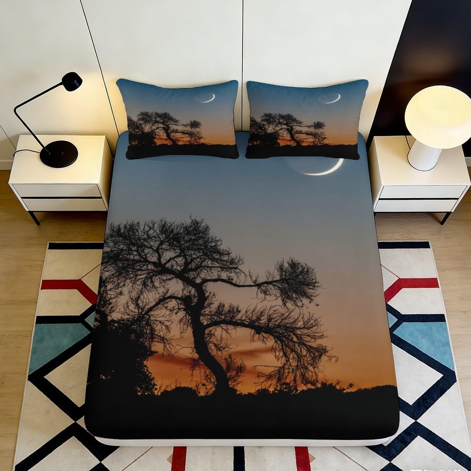 Pnayamiorkfel Style-4 3D Printed Sunset Tree Fitted Sheet Microfiber Silhouette Moon Mattress Cover For Bedroom Guest Room Easy Care Decor 90X200x25cm