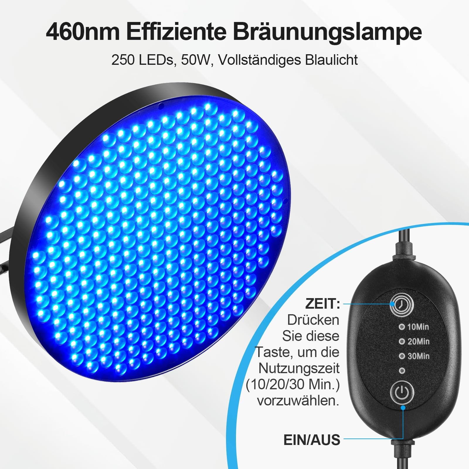 Solarium Für Zuhause, 50w Bräunungslicht Solarium 250 Leds Blaues Licht Gesichtsbräunungslampe, Sonnenlampe Für Gesicht Und Körper mit Verstellbarem Ständer & Sonnenbrille - Blau