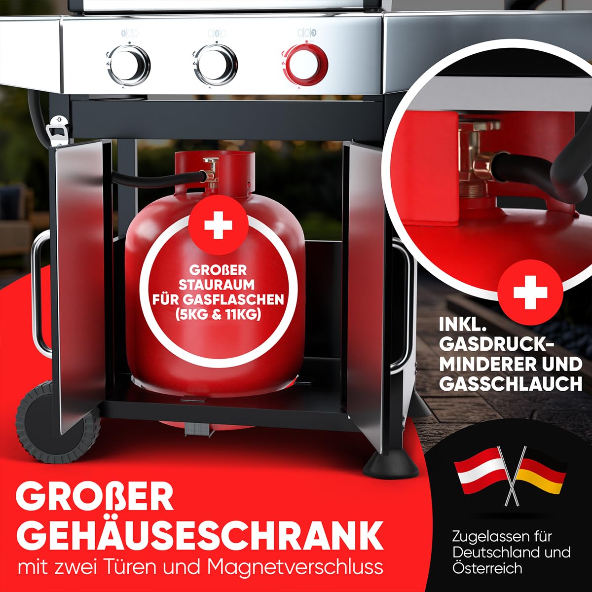 ProfiCook® Gasgrill für Temperaturen bis zu 400°C | mit Power-Zone | Roste aus echtem Gusseisen | Gasgrill 3 Brenner | Temperaturanzeige | Flaschenöffner | 3 Brenner | Balkon | PC GG 1310