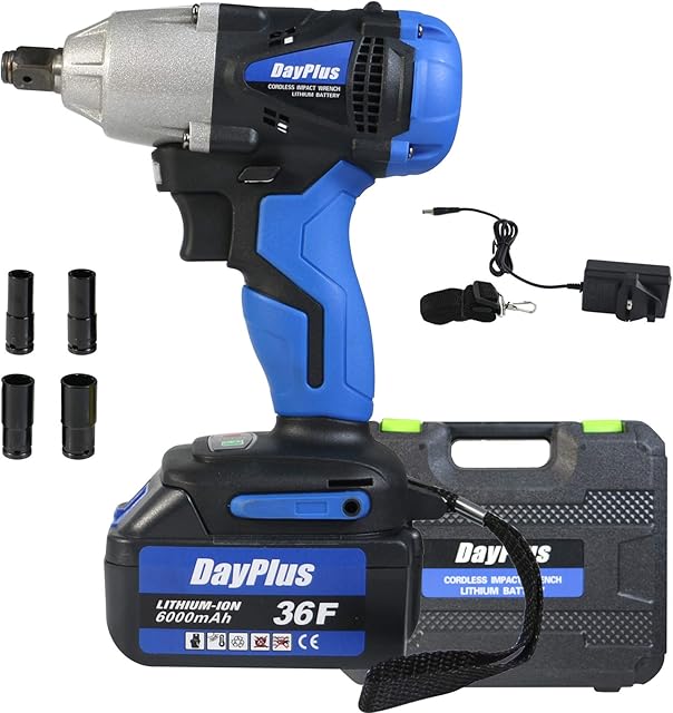 dicn Cordless Impact Wrench Electric with 1/2inch Drive 6.0 Ah Lith-ion Battery 420Nm High Torque 3200 RPM Max Speed Forward/Reverse 4 Sockets (14/17/19/22mm) + Carry Case + Charger