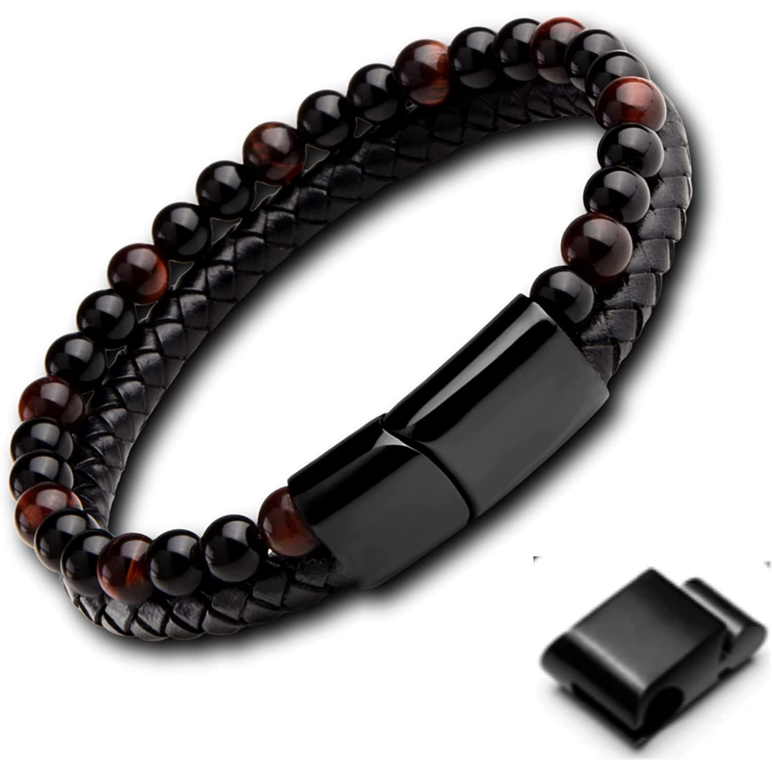 genac Pulsera original para hombre con perlas de piedras naturales de 6 mm y piel auténtica con cierre magnético extraíble de acero inoxidable para ajustar fácilmente la longitud