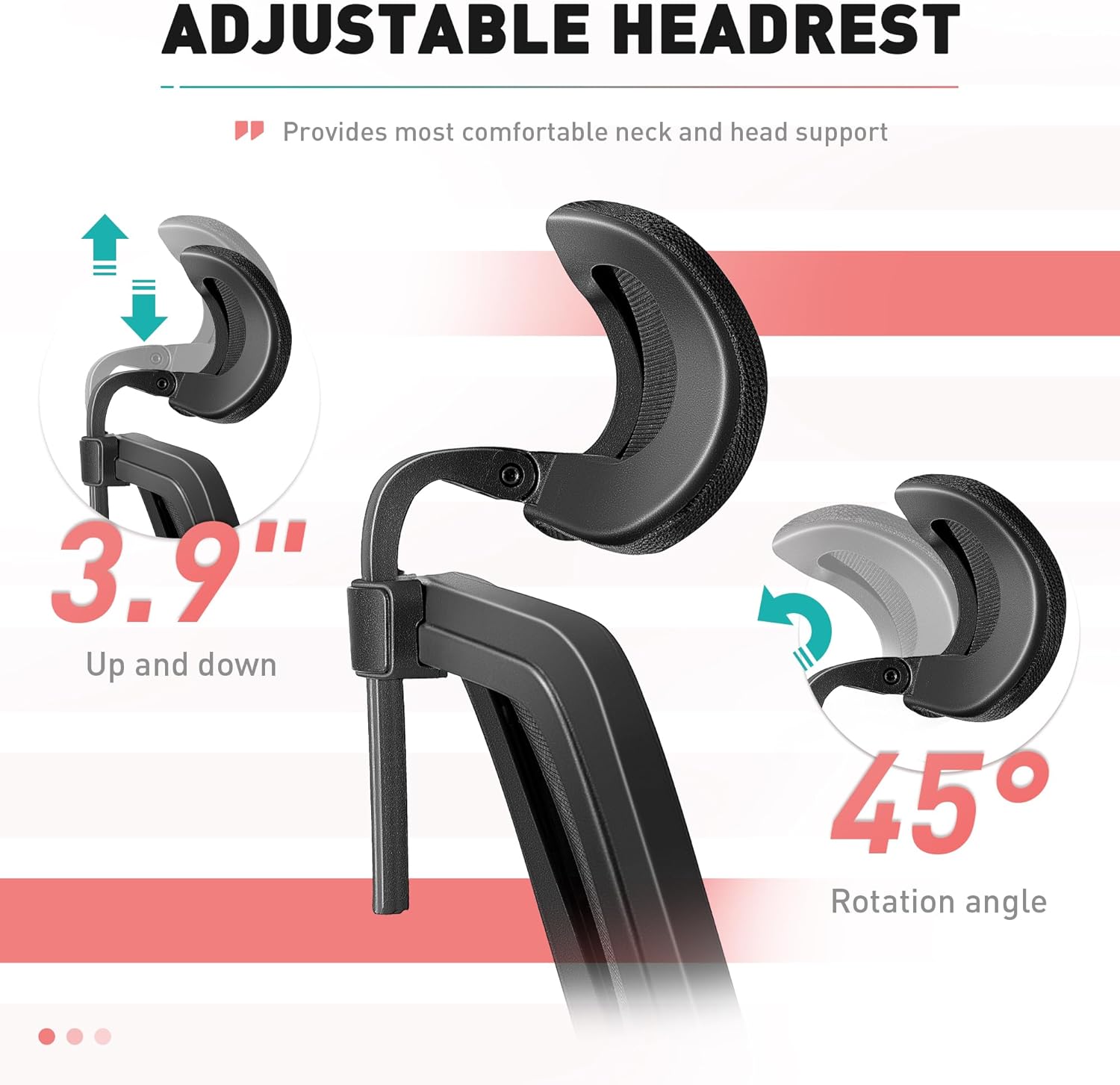 Adjustable headrest showing vertical and rotational movement.