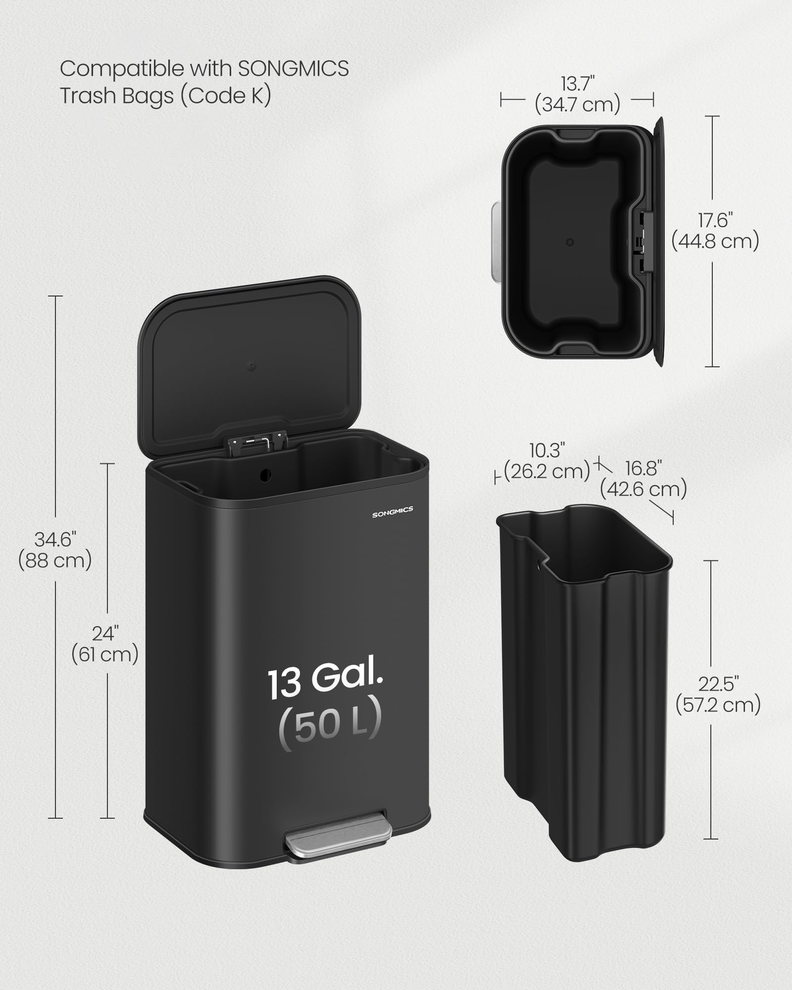 SONGMICS Bote de basura de cocina, cubo de basura de 13 galones con tapa, acero inoxidable, cierre suave y se mantiene abierto, cubo interior, pedal ancho antideslizante, tinta negra ULTB547B01