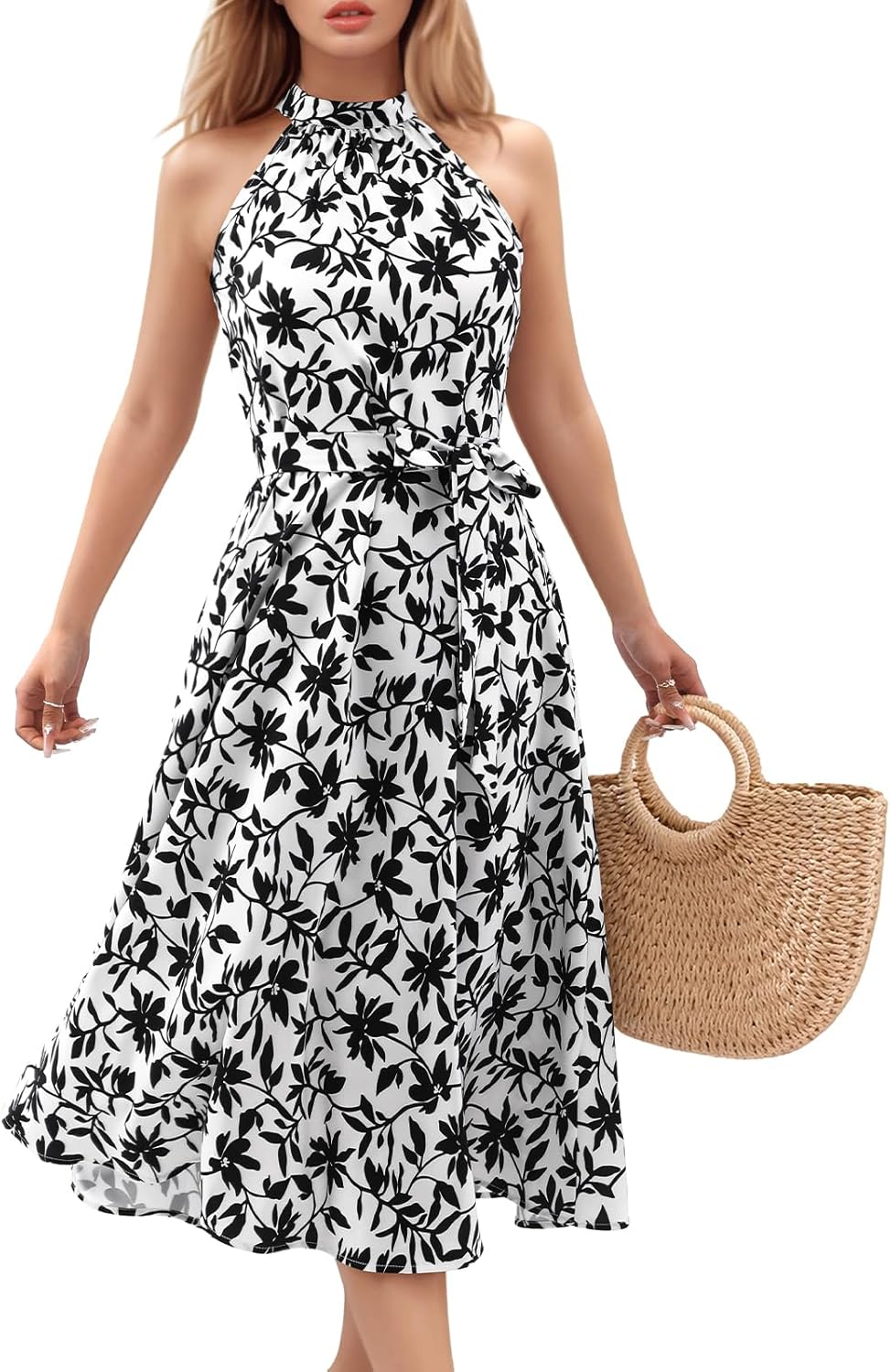 Bbonlinedress Women Halter Summer Floral Wedding Guest Dress Midi Casual Beach Vacation Flowy Boho Dress