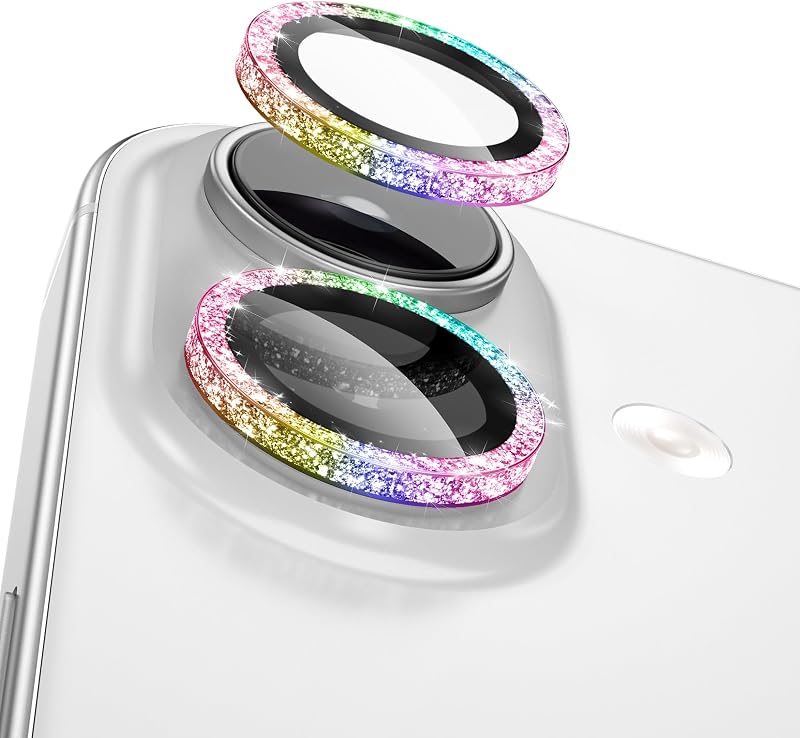 All Bling Camera Lens Protector for iPhone 17/iPhone 16/Plus | HD Clear Tempered Glass, 9H Hardness Shatterproof Metal Sparkle Individual Lens Cover with Installation Tray,Glitter Colorful