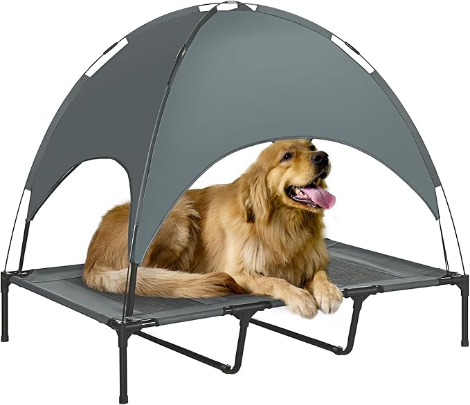 PawHut Elevated Dog Bed with Removable Canopy, Outdoor Dog Cot with UV Protection Canopy Shade, 24 inch Pet Bed for Camping, Gray