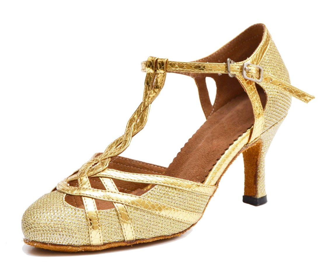 TDA Womens T-Strap Glitter Gold Synthetic Salsa Tango Ballroom Latin Party Dance Shoes SM1895 8.5 M US