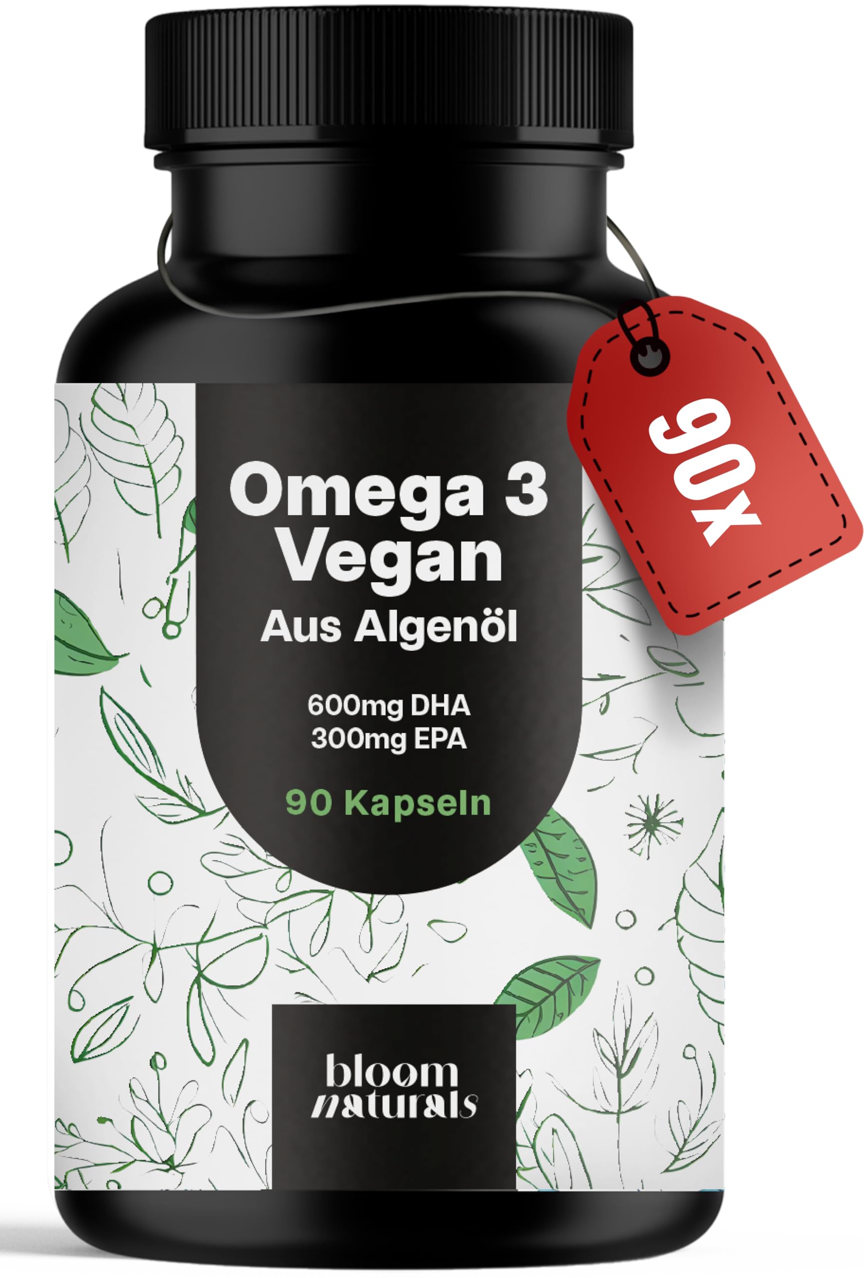 Omega 3 Kapseln Hochdosiert Vegan - 90 Kapseln - 2000mg Algenöl - 600 mg DHA & 300 mg EPA - Vegan & Produziert in Deutschland - Laborgeprüft - Verpackung kann variieren